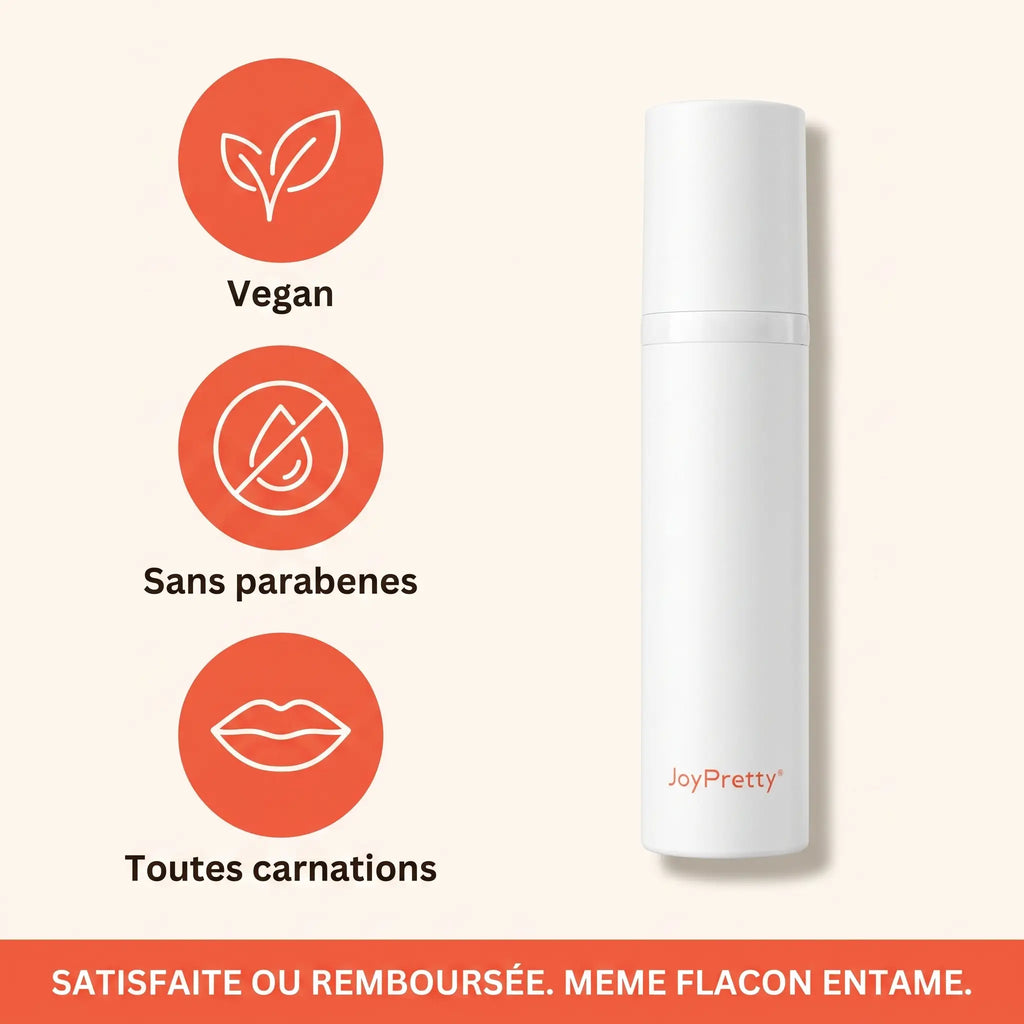 Flacon Joy Pretty blanc et étui carton orange sur surface crème