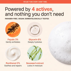 Powered by four actives — papain, glycerin, panthenol and seaweed extract