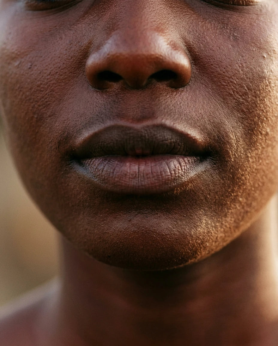 Portrait serré sur le bas du visage d'une femme, expression calme, peau non retouchée